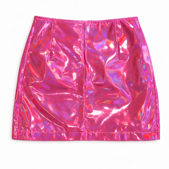 Vibrant Holographic Pink Mini Skirt with Buckle Accents - Picture 2 of 2